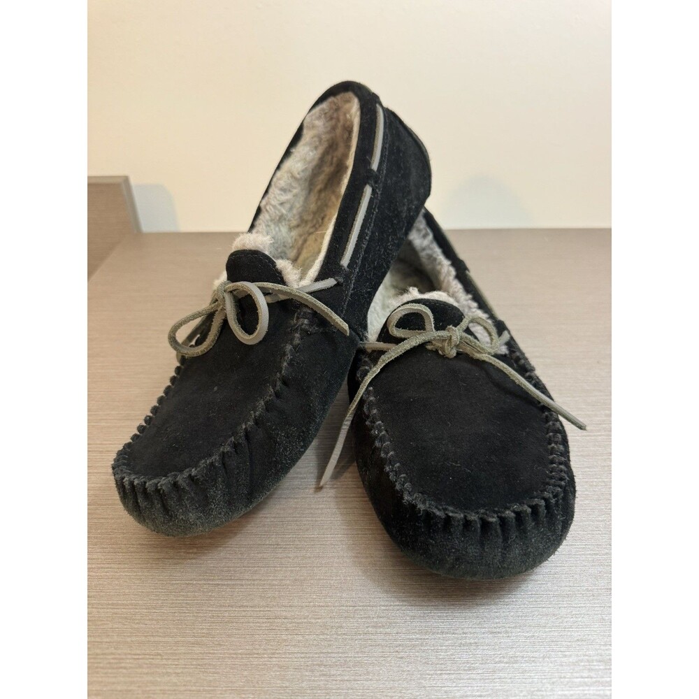 UGG OLSEN BLACK SUEDE W/ GRAY SHEARLING MOCCASIN SLIPPERS US 10 WARM COMFY SHOE